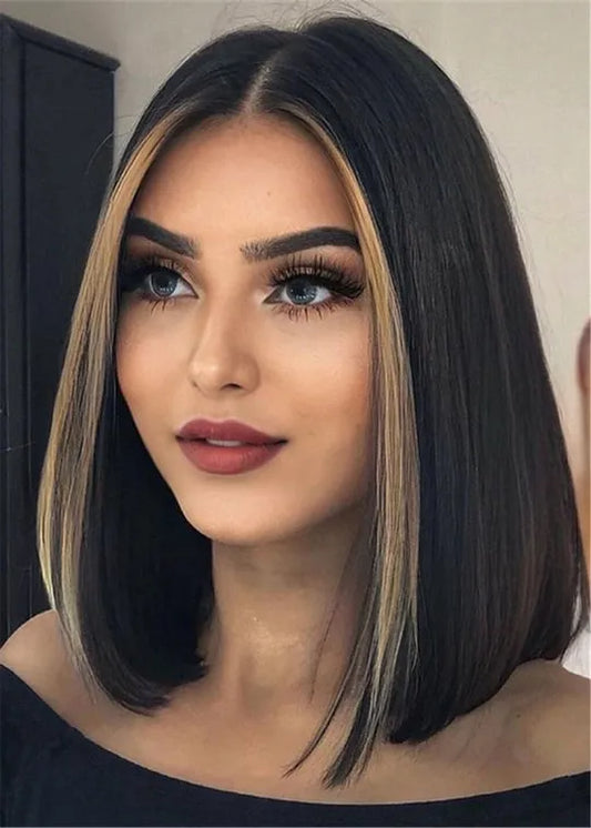 Bold Brunette Center-Part Lob Synthetic Straight Hair With Face-Framing Gold Balayage